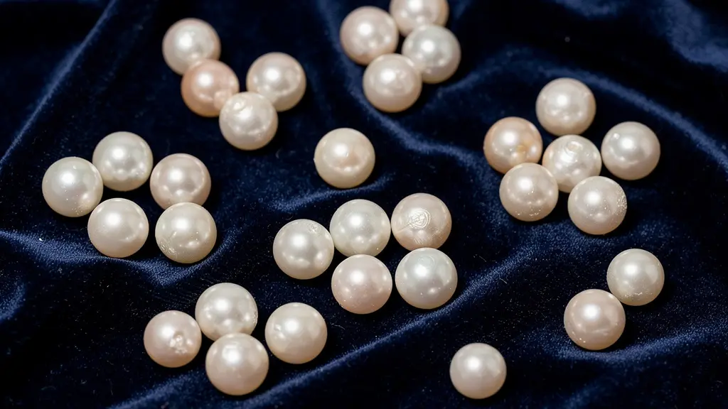 Assortiment de perles naturelles de différentes qualités sur velours bleu
